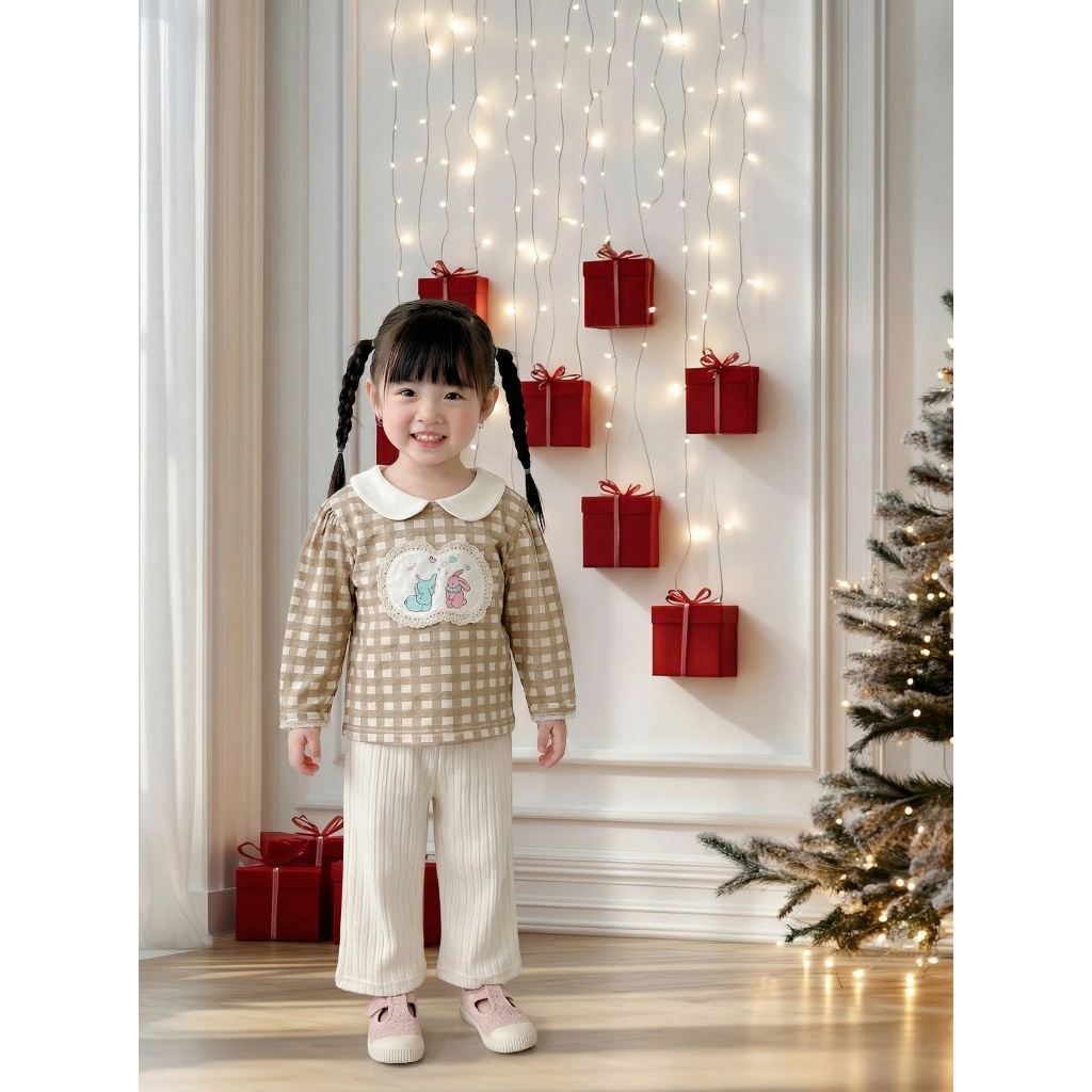 Set bộ dài tay bé gái cổ sen Miniumbaby may viền ngực thỏ voi điệu đà, chất áo cotton mềm mại SB2545