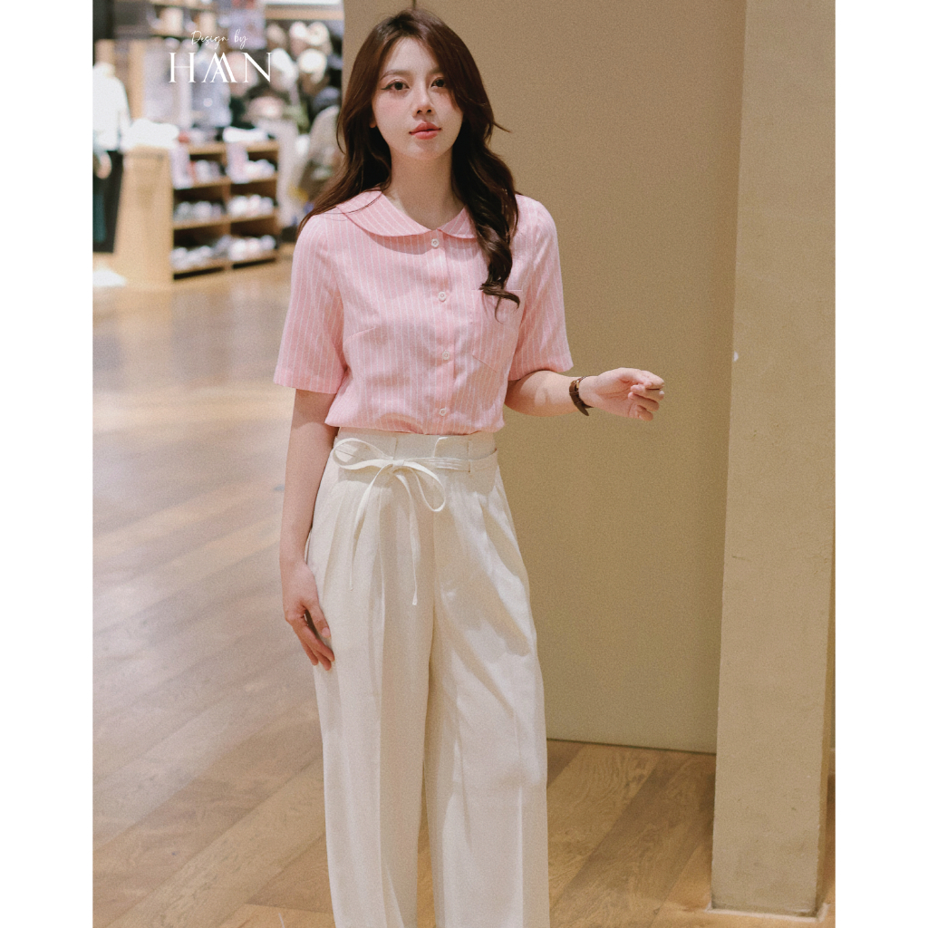 Áo Sơ Mi Nữ Ngắn Tay Cổ Sen Kẻ Hồng, Vàng Style Dịu Dàng HAAN DESIGN SM603
