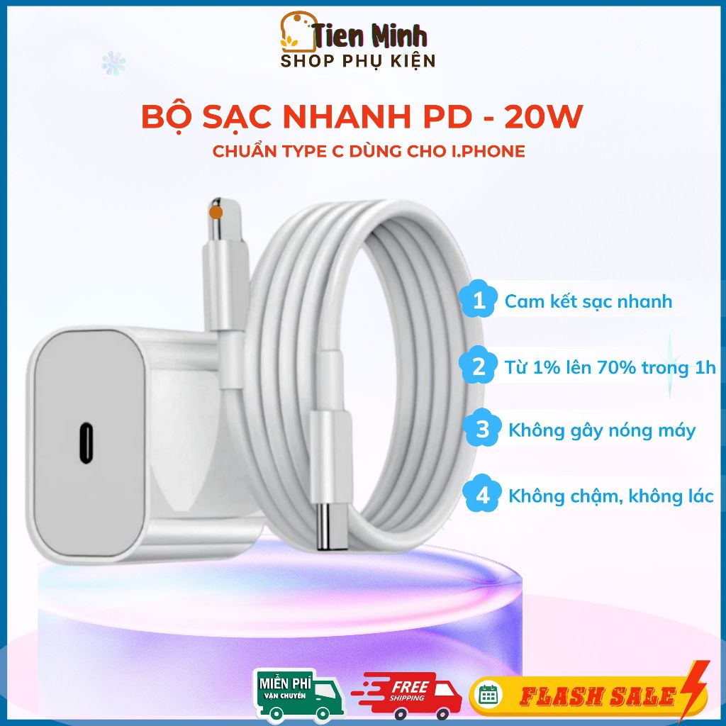 Bộ Sạc Nhanh PD20W Dùng Cho i.phone 8 đến 15. Sạc từ 1% lên 70% trong 1h. Bảo hành 12 tháng