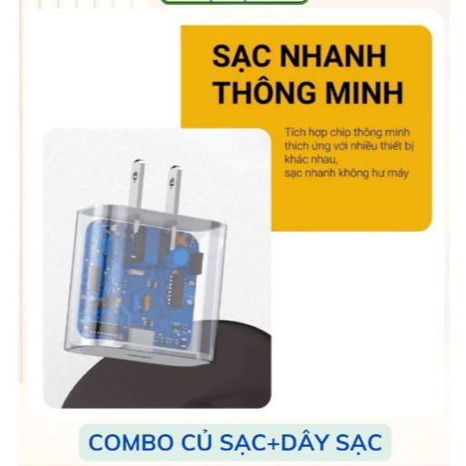 Bộ Sạc Nhanh PD20W Dùng Cho i.phone 8 đến 15. Sạc từ 1% lên 70% trong 1h. Bảo hành 12 tháng