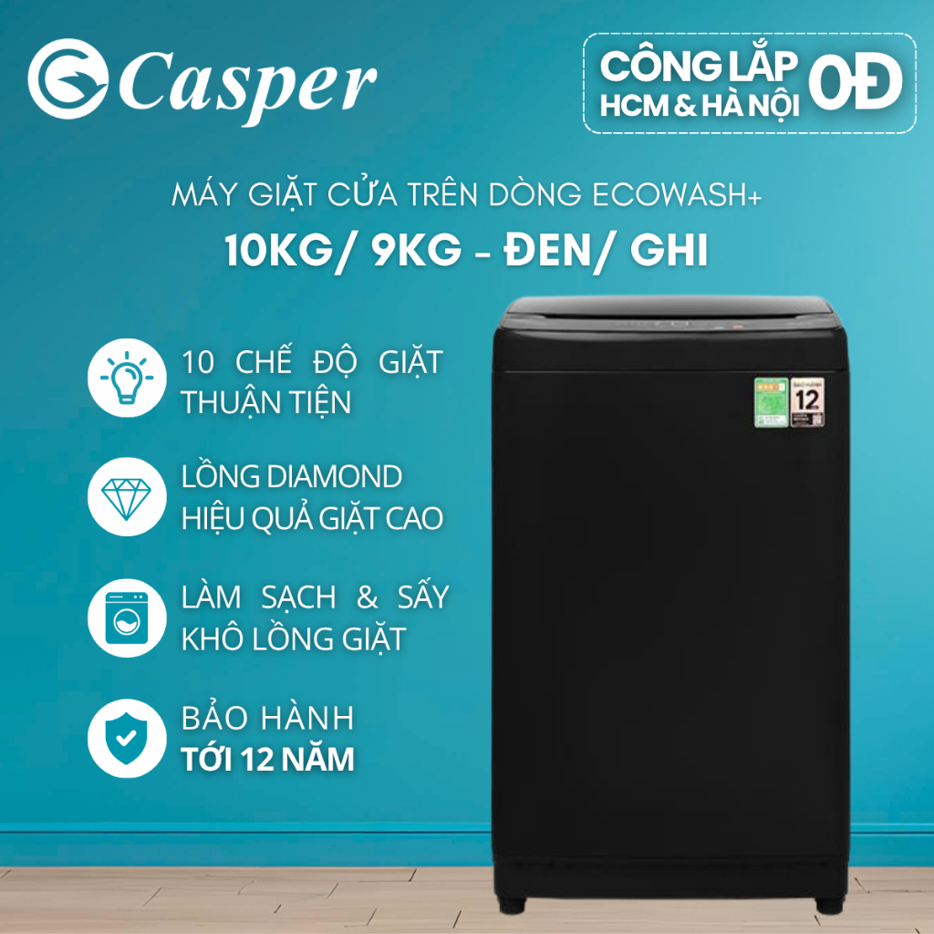 [Công lắp 0Đ HCM/ HN] Máy giặt cửa trên Casper 9KG/ 10KG Đen/ Ghi - WT-9NB3 | WT-10NB3 | WT-E10NGR21 | WT-E9NGR21