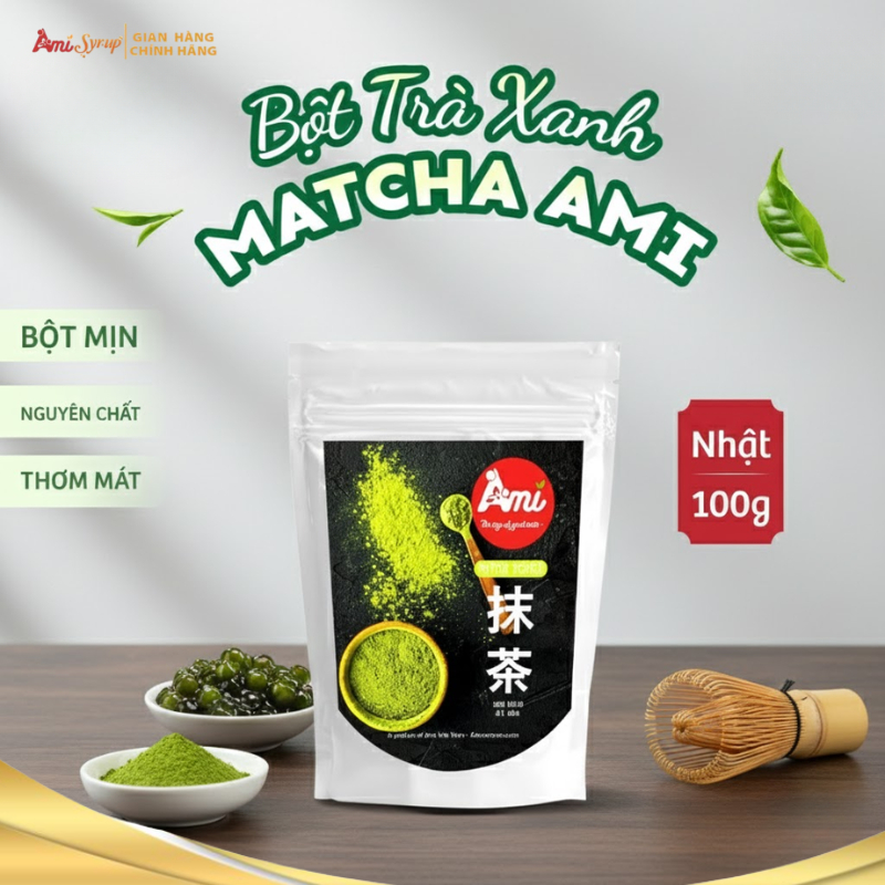 Bột Trà Xanh Matcha Nguyên Chất AMI 100g,  Nguyên Liệu Làm Bánh Và Pha Chế Cao Cấp Đậm Vị