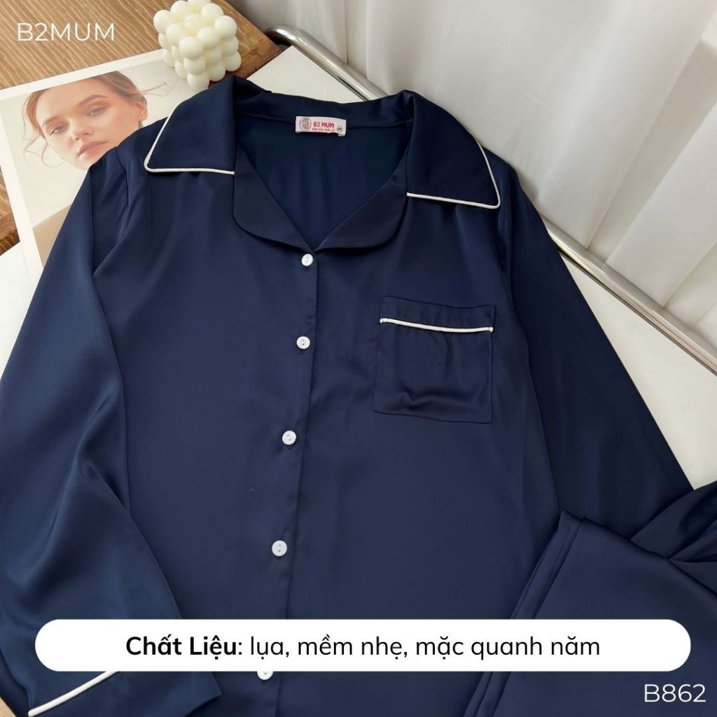 Bộ lụa dài tay phối viền trắng, chất mềm nhẹ thoáng mát, kiểu pijama cúc mở mặc thường và cả bầu B862 B2MUM