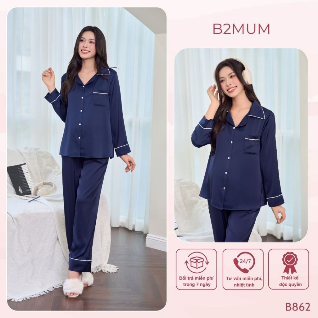 Bộ lụa dài tay phối viền trắng, chất mềm nhẹ thoáng mát, kiểu pijama cúc mở mặc thường và cả bầu B862 B2MUM