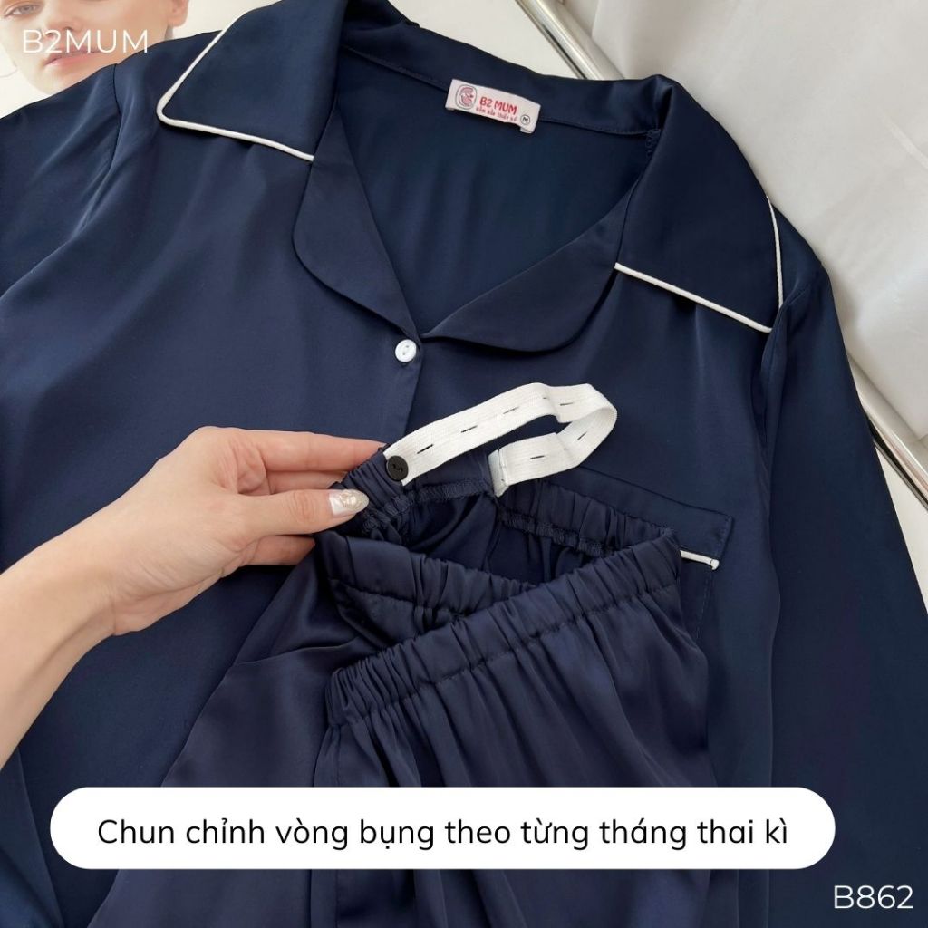 Bộ lụa dài tay phối viền trắng, chất mềm nhẹ thoáng mát, kiểu pijama cúc mở mặc thường và cả bầu B862 B2MUM