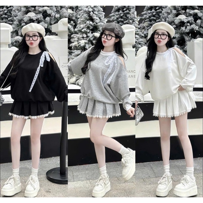 Set áo sweater Bộ đồ chơi Noel T726G khoét vai thắt dây nơ đỏ form rộng chân váy ngắn trắng xòe tầng có quần trong