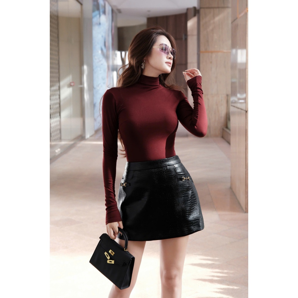 Áo thun cổ lọ tay dài tone đỏ đô phong cách trẻ trung Khiết  KA507
