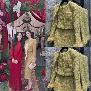 MIMI CLOTHING - Set Dạ Tweed Vàng Ánh Kim Tay Dài Phối Lông