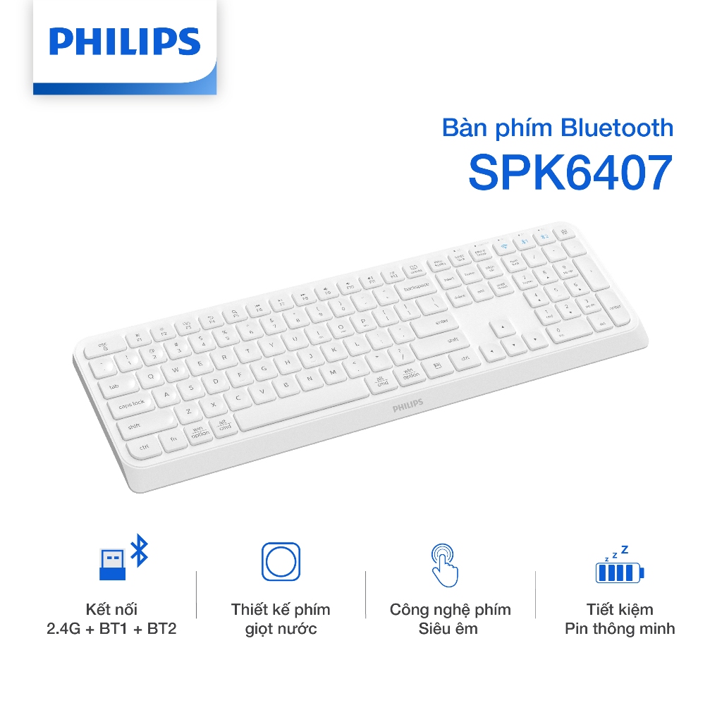 Bàn phím Bluetooth Philips SPK6407 Chính Hãng – Kết nối 2 Bluetooth và USB 2.4G, bàn phím bấm êm