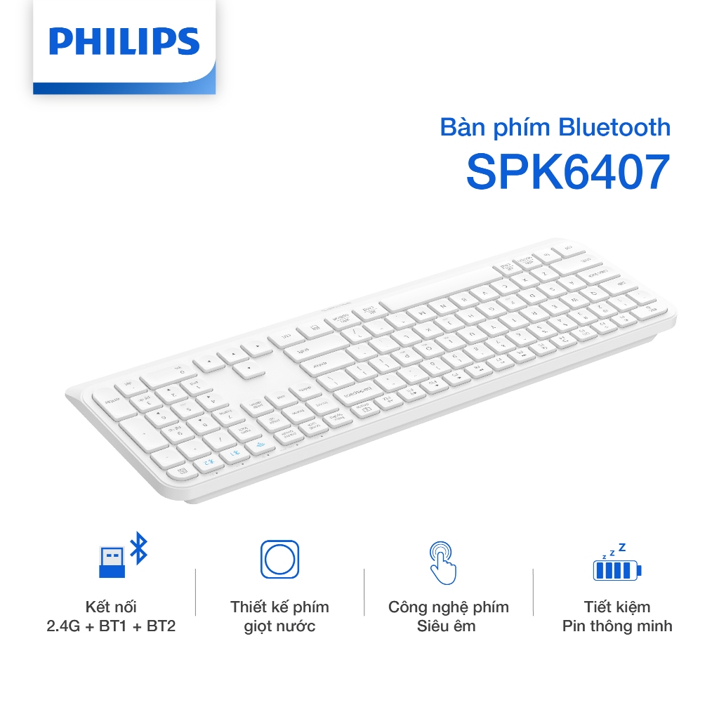 Bàn phím Bluetooth Philips SPK6407 Chính Hãng – Kết nối 2 Bluetooth và USB 2.4G, bàn phím bấm êm