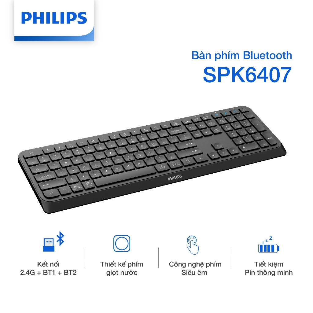 Bàn phím Bluetooth Philips SPK6407 Chính Hãng – Kết nối 2 Bluetooth và USB 2.4G, bàn phím bấm êm