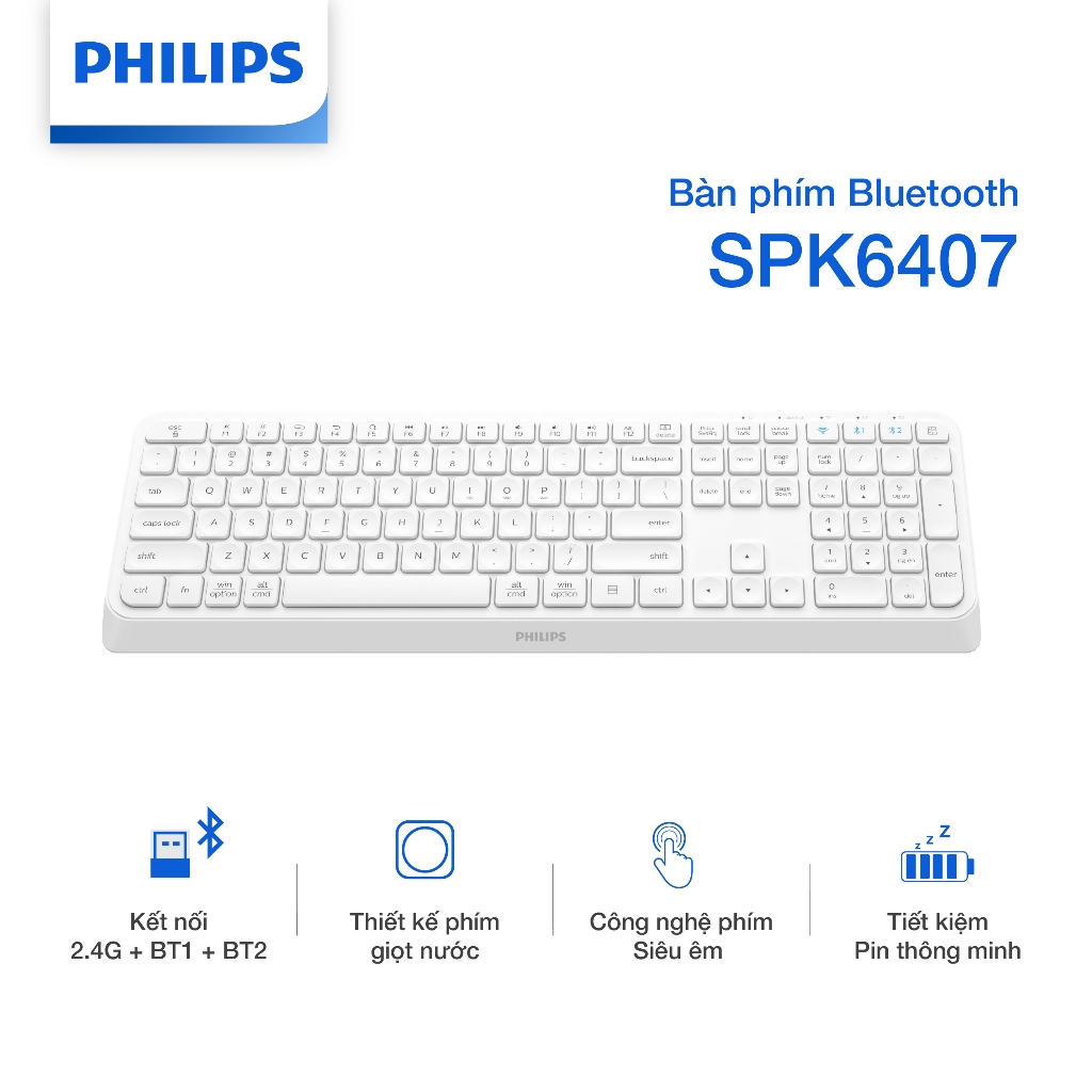 Bàn phím Bluetooth Philips SPK6407 Chính Hãng – Kết nối 2 Bluetooth và USB 2.4G, bàn phím bấm êm