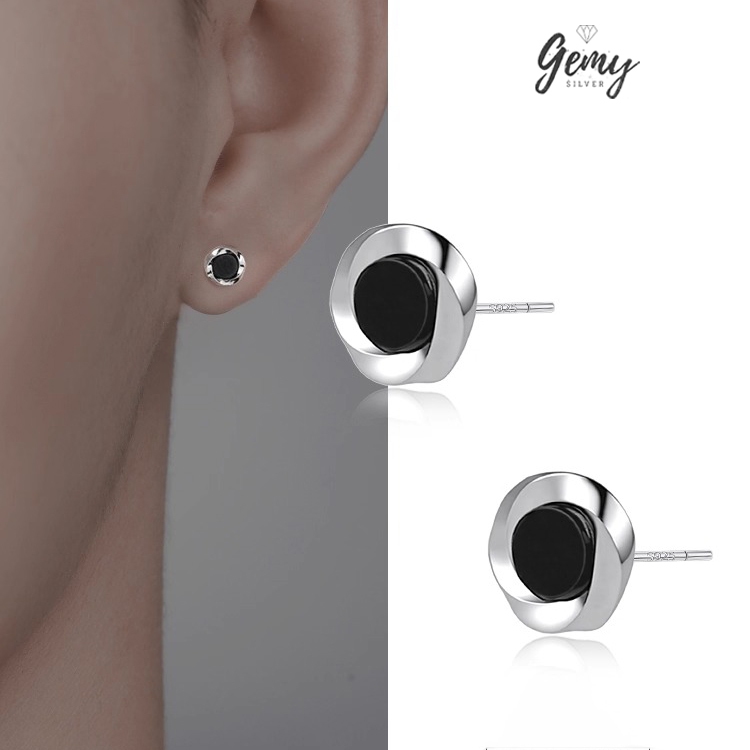 Khuyên tai nam bạc 925 thiết kế mặt đá đen basic, đeo hàng ngày cực chất KN164 | GEMY SILVER