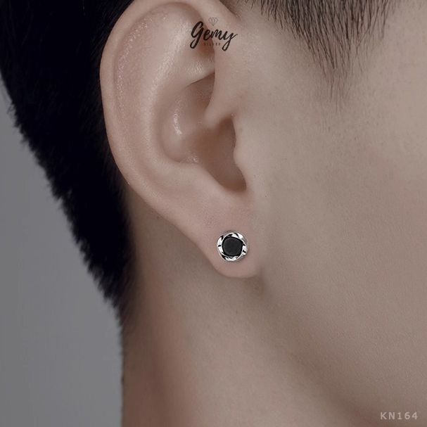 Khuyên tai nam bạc 925 thiết kế mặt đá đen basic, đeo hàng ngày cực chất KN164 | GEMY SILVER