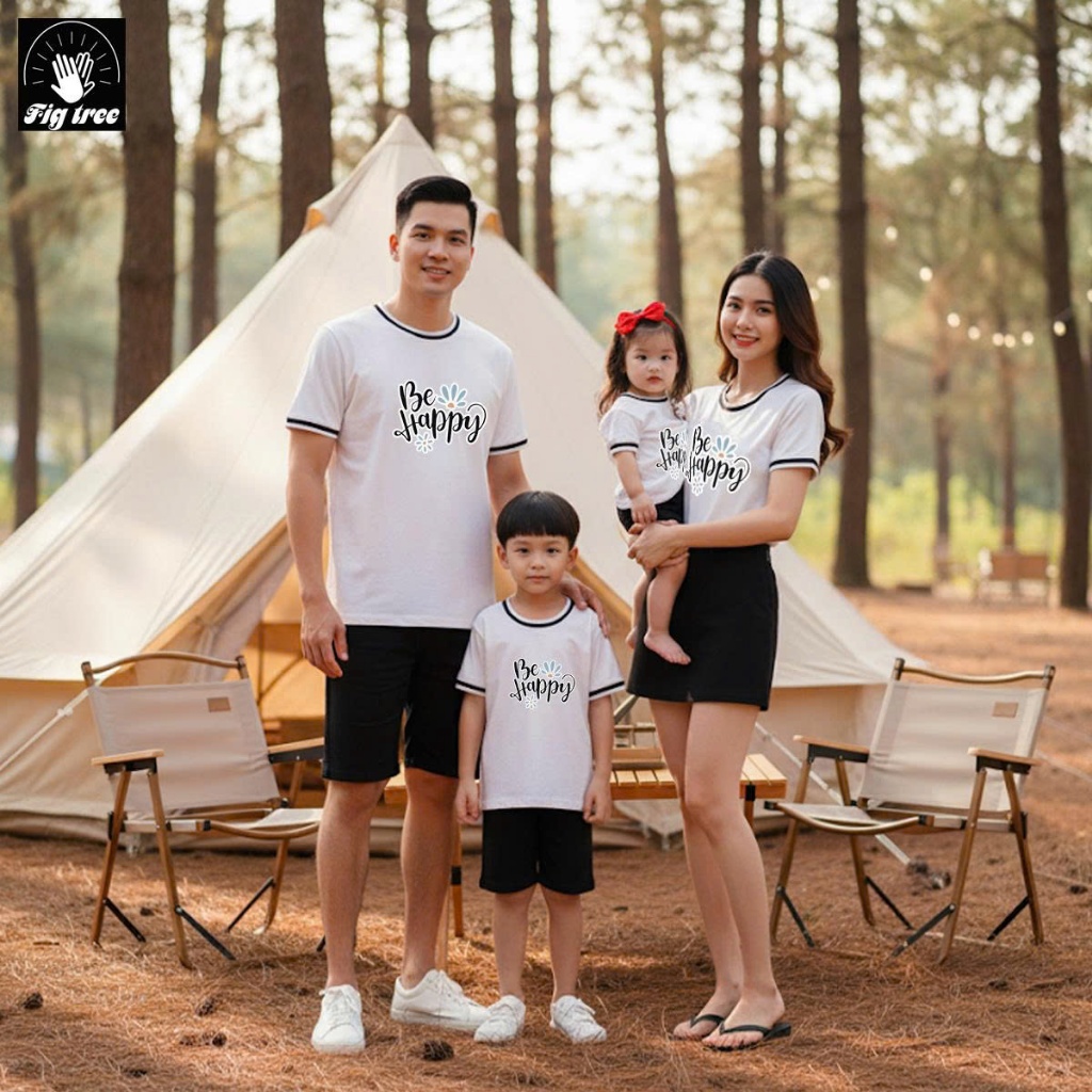 Áo Thun Gia Đình Fig Tree Màu Trắng Phối Viền Đen Năng Động, in Be Happy Siêu Cưng Cho Gia Đình