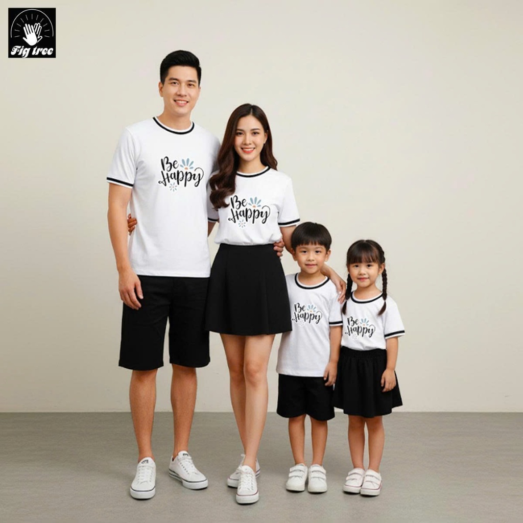 Áo Thun Gia Đình Fig Tree Màu Trắng Phối Viền Đen Năng Động, in Be Happy Siêu Cưng Cho Gia Đình