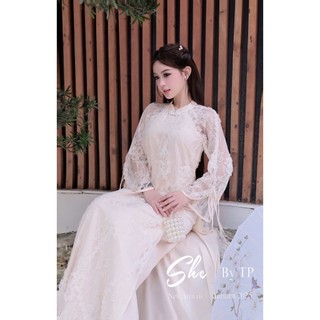 Set áo dài hoa nổi 3D mix quần lụa satin cao cấp chất siêu đẹp dày dặn dành cho chị em mặc tết xinh - Baotrang.clothes