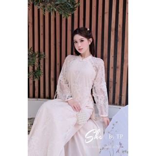 Set áo dài hoa nổi 3D mix quần lụa satin cao cấp chất siêu đẹp dày dặn dành cho chị em mặc tết xinh - Baotrang.clothes