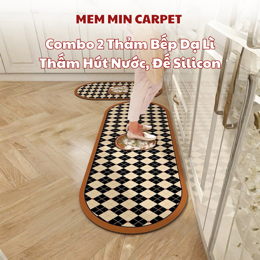 Thảm Dạ Lì, Set Thảm Bếp - Bộ 2 thảm Chùi Chân Mặt Nỉ Thấm Hút Nước, Đế Cao Su Chống Trơn Trượt - TH107