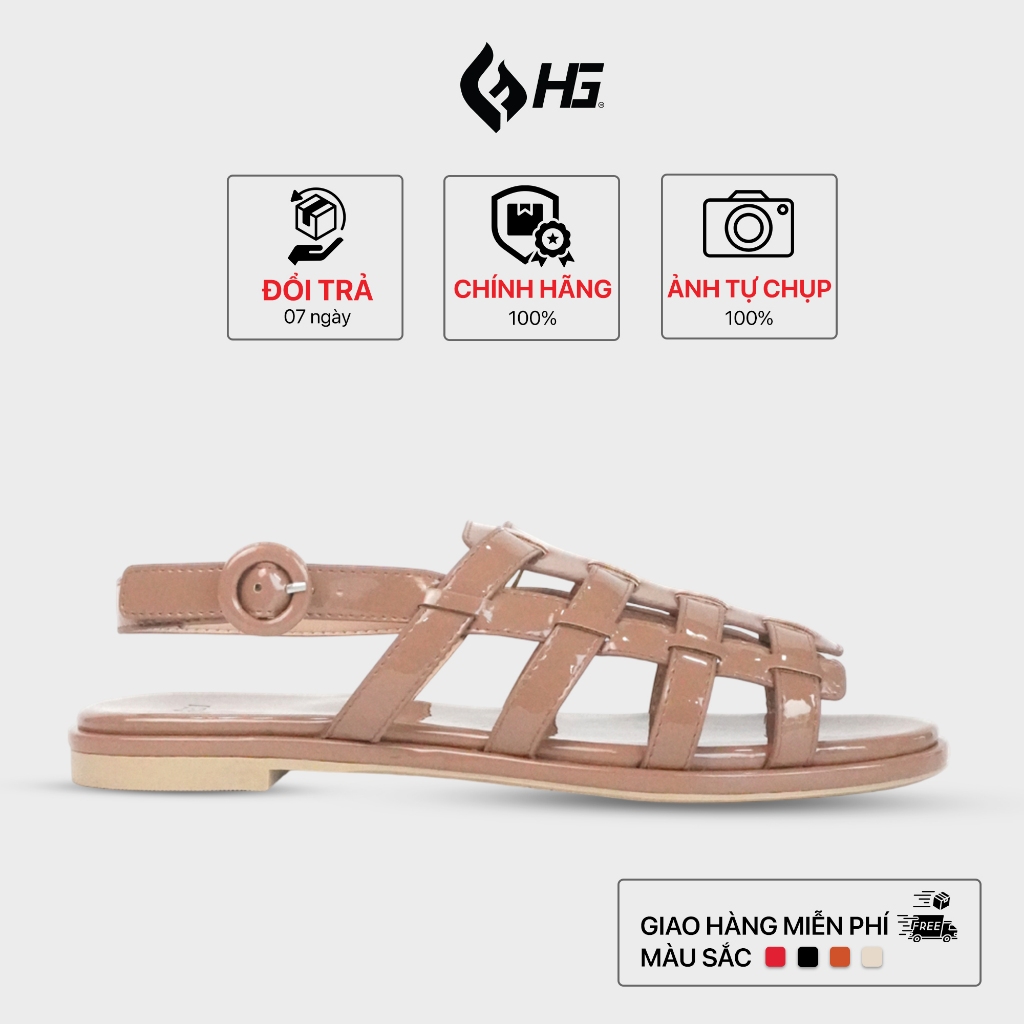 Giày Sandal Nữ HG Đan Dây Da Bóng Đế Bằng Cổ Điển | HG8325