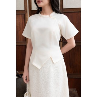 SWANLAKE | Set Bộ Nữ Chất Taffeta Áo Tay Ngắn Vạt Chéo Cổ Trụ Cài Nút Chân Váy Dài Phối Ren B13297