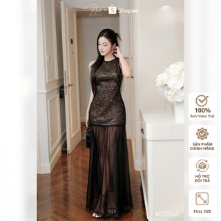 Đầm dài KHIẾT chất ren đính kim sa lấp lánh phối lụa tằm màu đen thướt tha, phong cách tiệc tùng KD116A