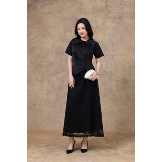 SWANLAKE | Set Bộ Nữ Chất Taffeta Áo Tay Ngắn Vạt Chéo Cổ Trụ Cài Nút Chân Váy Dài Phối Ren B13297