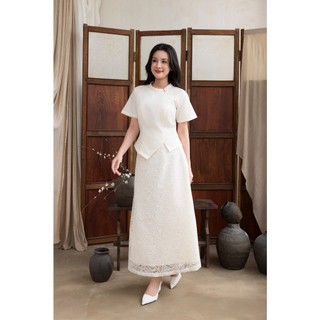 SWANLAKE | Set Bộ Nữ Chất Taffeta Áo Tay Ngắn Vạt Chéo Cổ Trụ Cài Nút Chân Váy Dài Phối Ren B13297