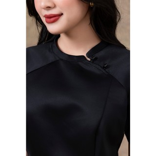 SWANLAKE | Set Bộ Nữ Chất Taffeta Áo Tay Ngắn Vạt Chéo Cổ Trụ Cài Nút Chân Váy Dài Phối Ren B13297
