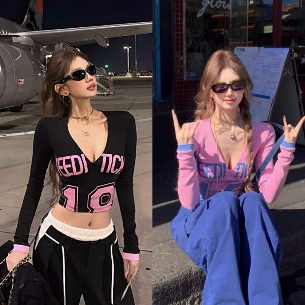 Áo thun dài tay cotton croptop cổ tim số 18 màu hồng và đen ATDT077 - Tiktik