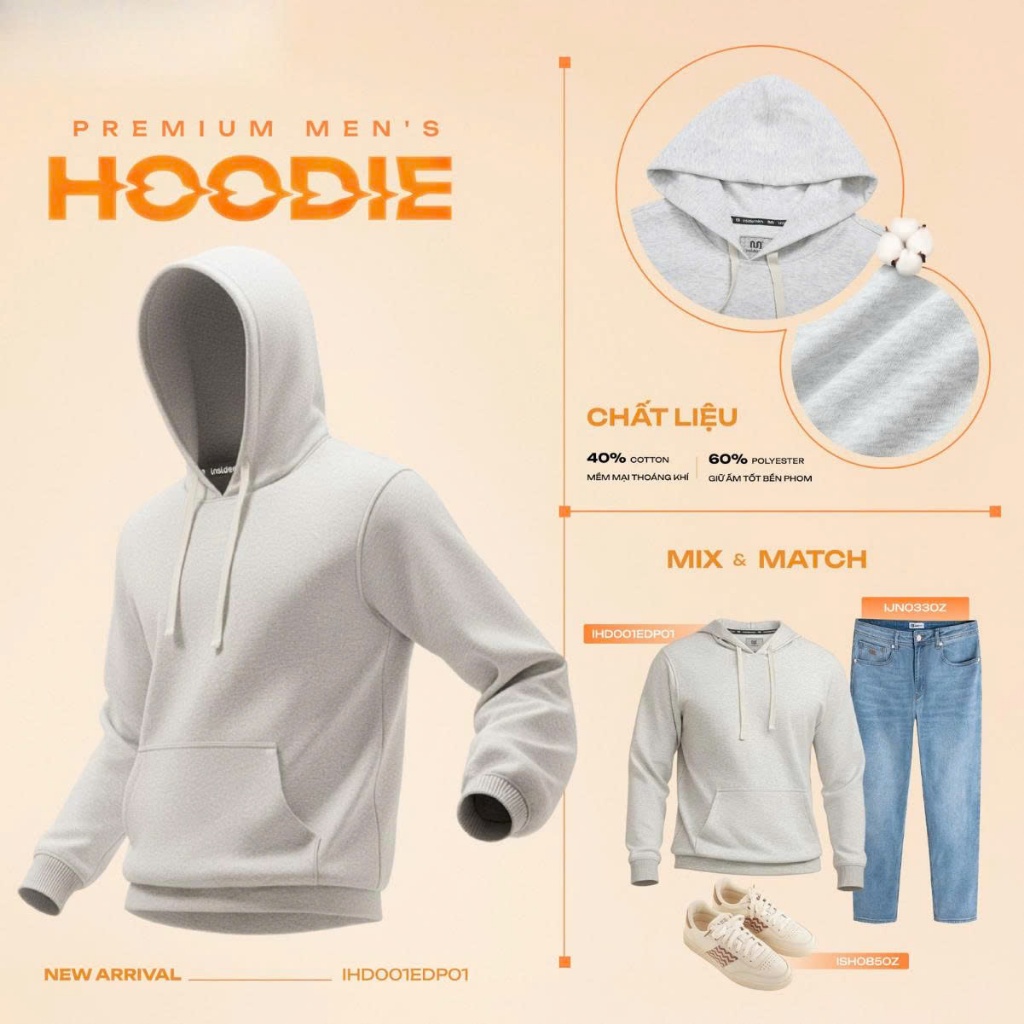 Áo Hoodie Unisex Melange Insidemen Relax Form Rộng Thu Đông Streetwear IHD001EDP01