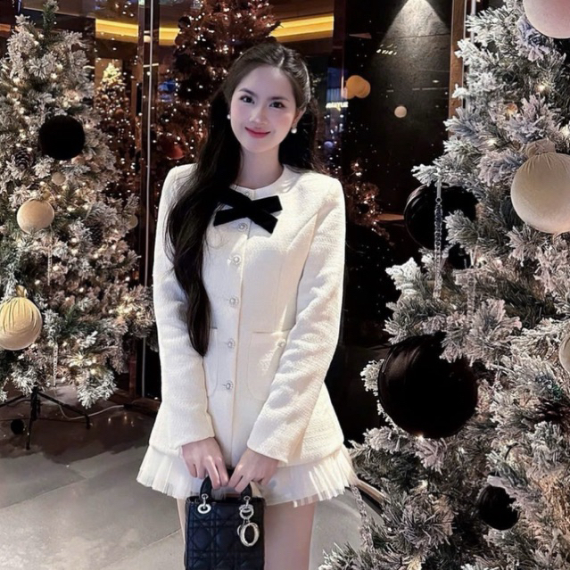 “Mila Set” Set áo khoác dạ kim sa blinh đính khuy hoa đá kèm nơ cài + quần sooc pha lưới điệu đà tiểu thư • MIU.STUDIO