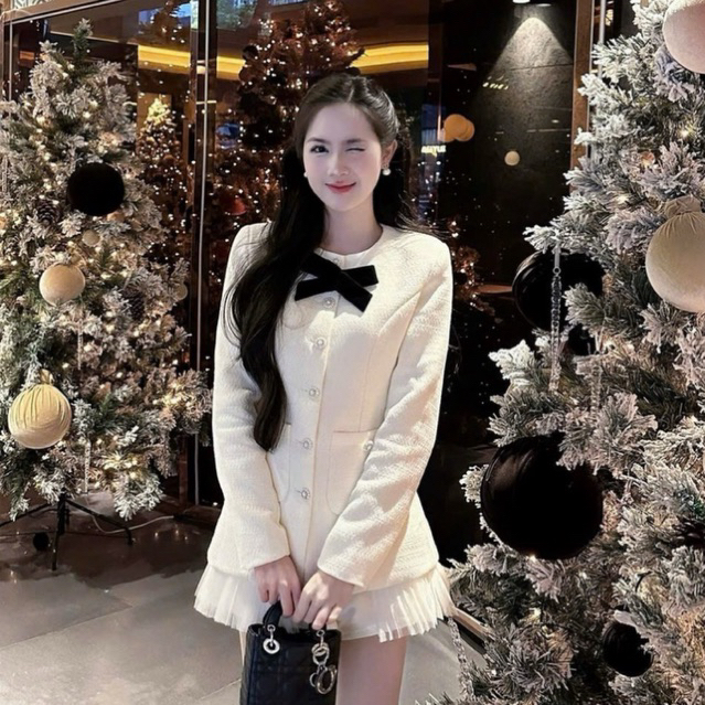 “Mila Set” Set áo khoác dạ kim sa blinh đính khuy hoa đá kèm nơ cài + quần sooc pha lưới điệu đà tiểu thư • MIU.STUDIO