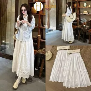 Chân Váy Midi Hari Dáng Dài Hai Lớp Cạp Chun Chất Ren Thô Boil Thêu Hoa 339 P3K9