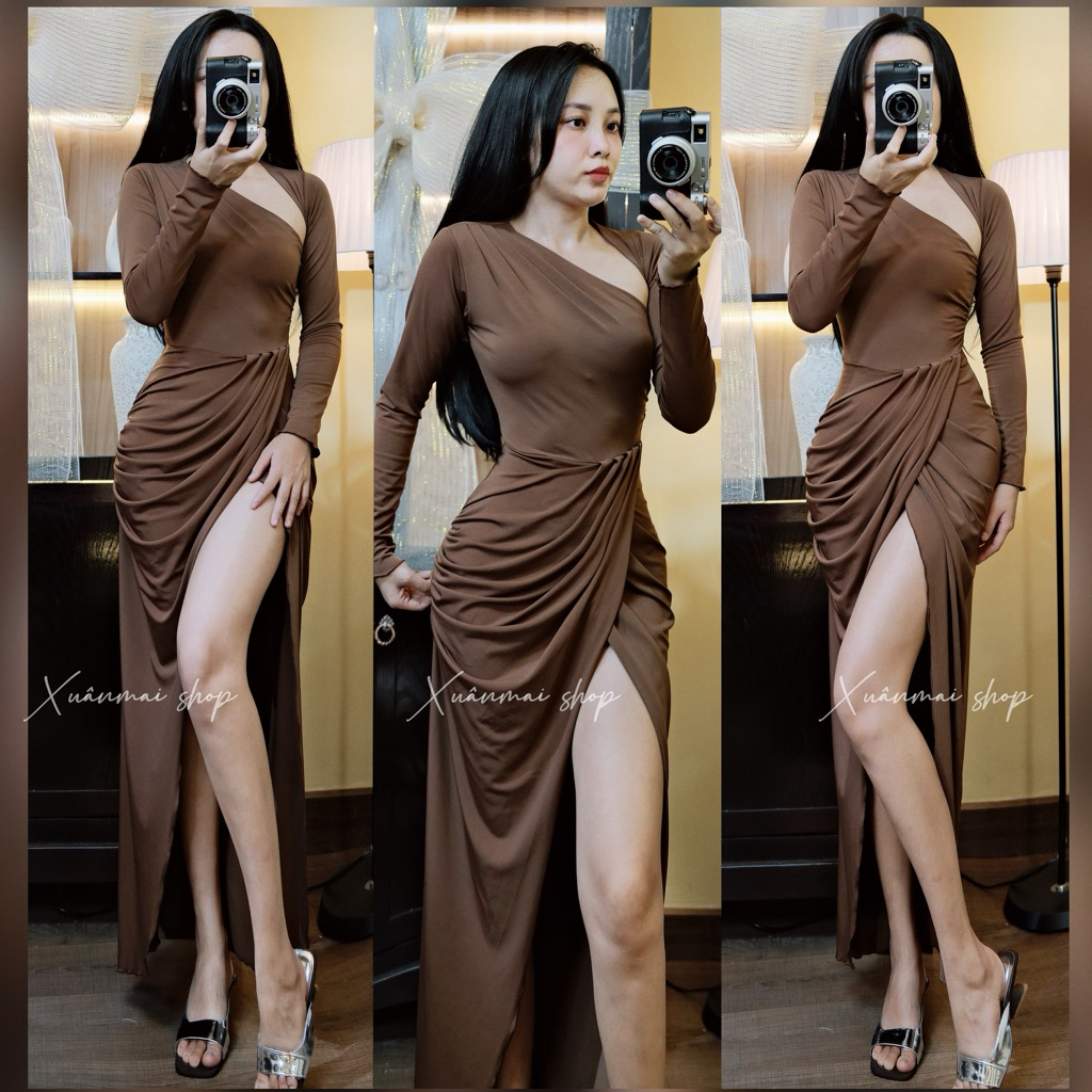 Đầm DÀI XẺ TRƯỚC khoét vai chất ladong dáng dài xẻ trước xếp ly nhúm bụng - XuânMai shop