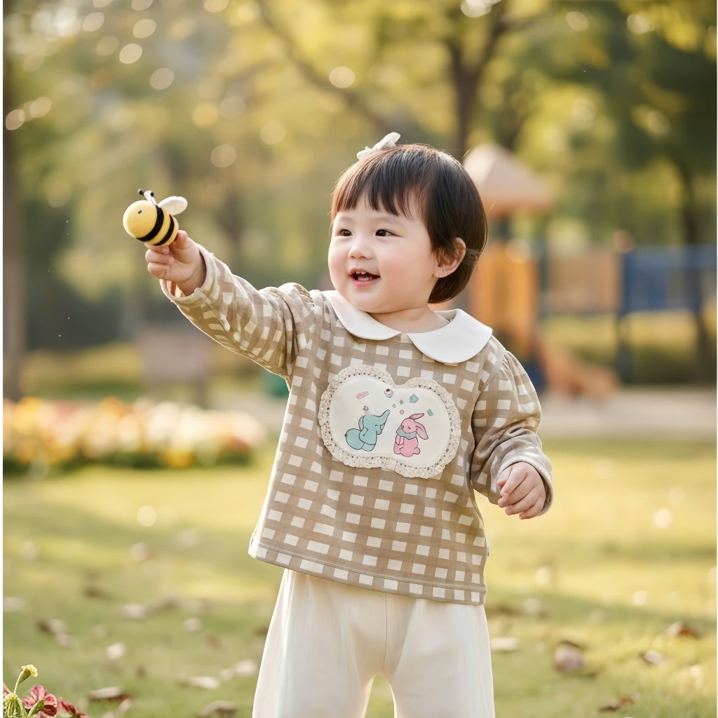 Set bộ dài tay bé gái cổ sen Miniumbaby may viền ngực thỏ voi điệu đà, chất áo cotton mềm mại SB2545