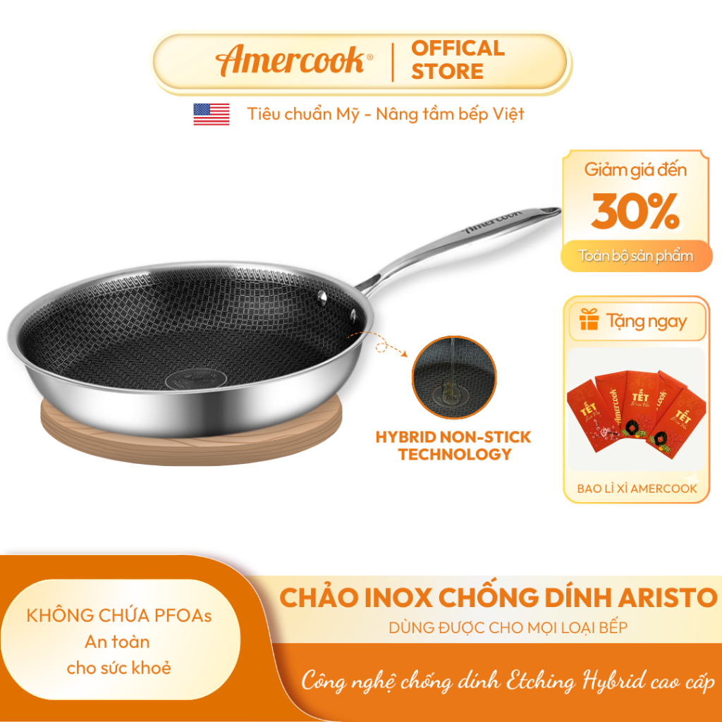 Chảo inox 304 Aristo AMERCOOK 20,24,28cm - Chảo inox chống dính tổ ong nguyên khối 3 lớp, chảo bếp từ, đạt tiêu chuẩn Mỹ