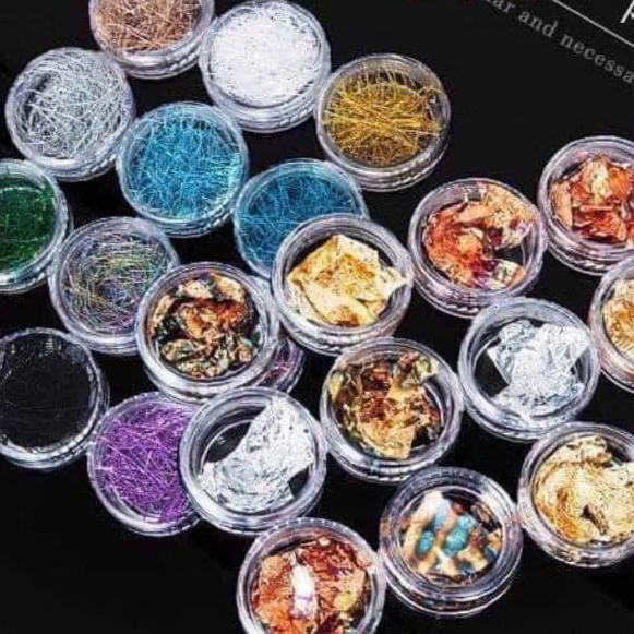 Set Nhũ Sợi 12 Hũ Trang Trí Móng – Giấy Nhún Vàng Bạc Ẩn Móng Gel, Phụ Kiện Nail Lấp Lánh, Dễ Mix Mẫu