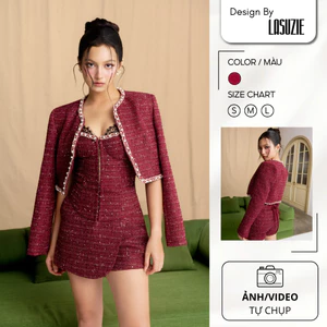 Áo Khoác SCARLET JACKET Chất Dạ Tweed Nữ Dáng Ngắn Màu Đỏ Đô Cổ Tròn Phối Viền Sang Trọng – Áo Khoác Thiết Kế Cao Cấp