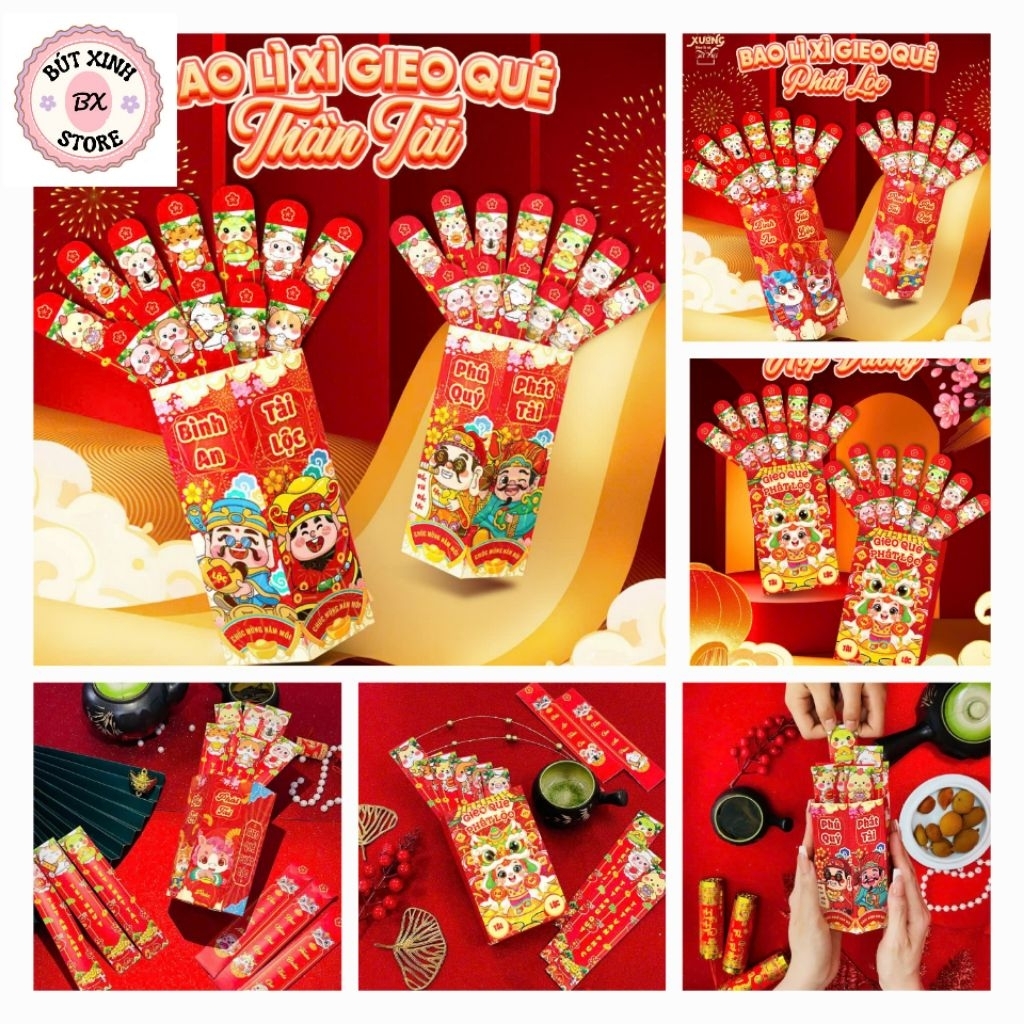 (Hộp + 12 Quẻ) Bao Lì Xì Gieo Quẻ Cán Dạ Quang Lấp Lánh, bao lì xì tết 2026