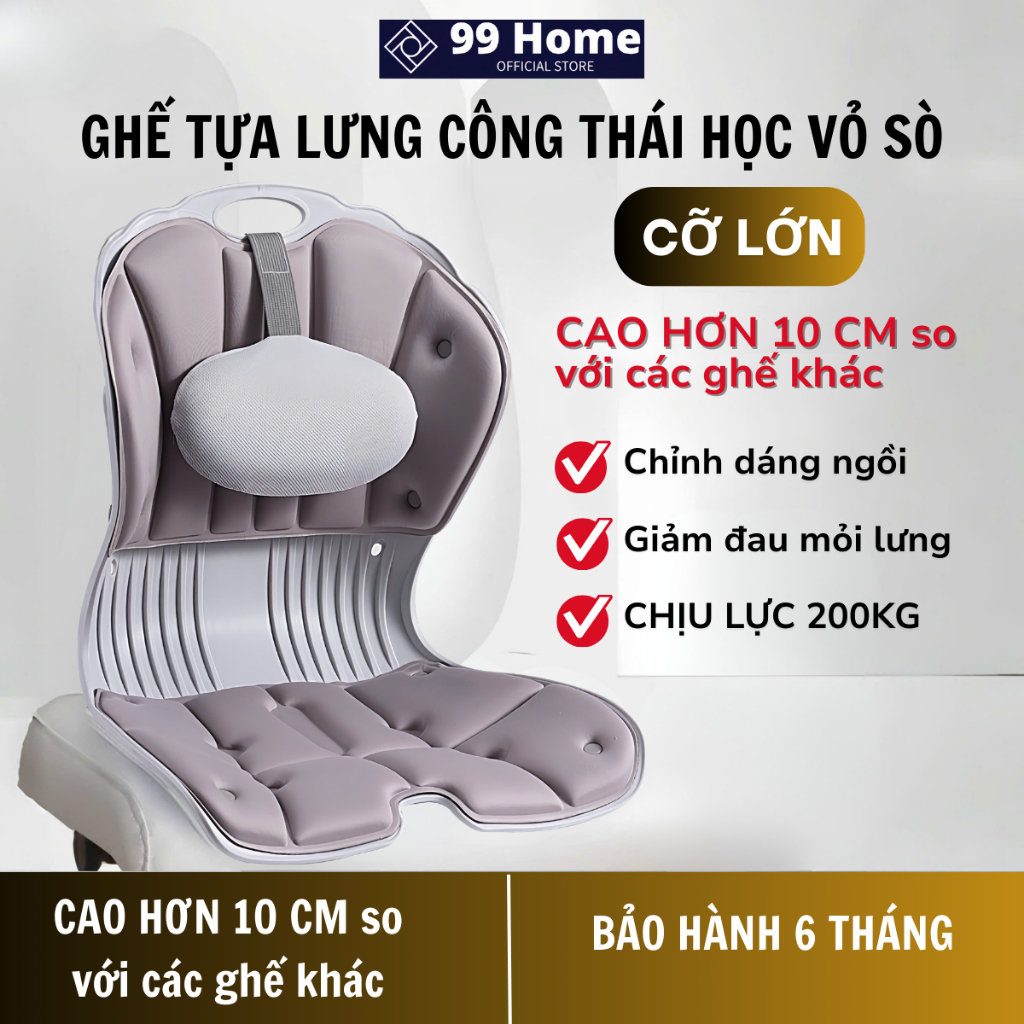 Ghế Bệt Tựa Lưng Vỏ Sò Có Gối Tựa Giảm Đau Mỏi Lưng, Chỉnh Dáng Ngồi Đúng, Thư Giãn Cột Sống