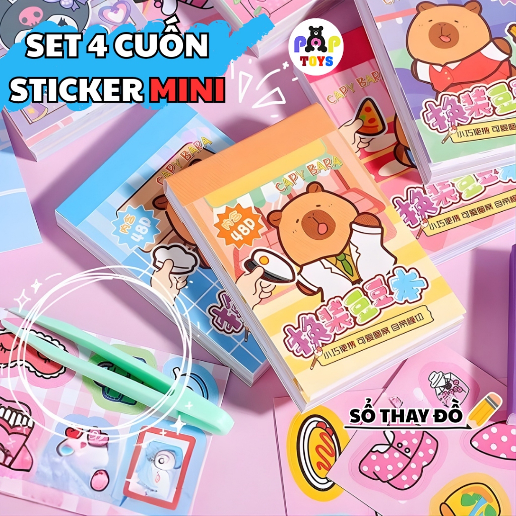 Set 4 Cuốn Sổ Sticker Capybara, Kuromi, Melody Hoạt Hình Thay Đồ, Tô Vẽ ...