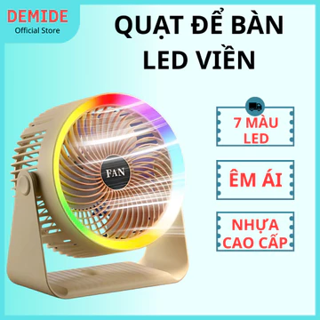 Quạt để bàn tích điện nhiều tốc độ demide, sạc USB xoay 360 độ có đèn led viền quạt mini tích điện để bàn