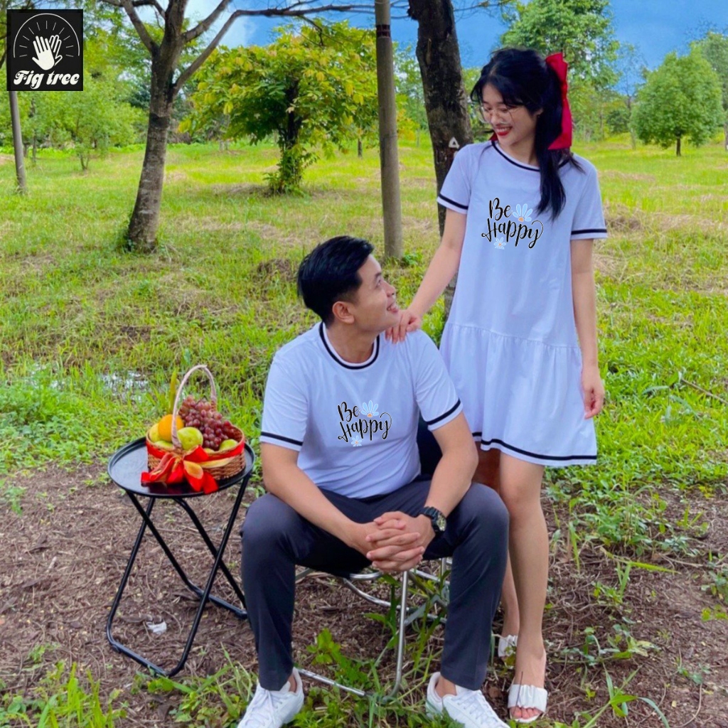 Set Áo Váy Thun Đôi Fig Tree Màu Trắng Phối Viền Đen Siêu Xinh, Chất Cotton Dày Dặn, in Be Happy