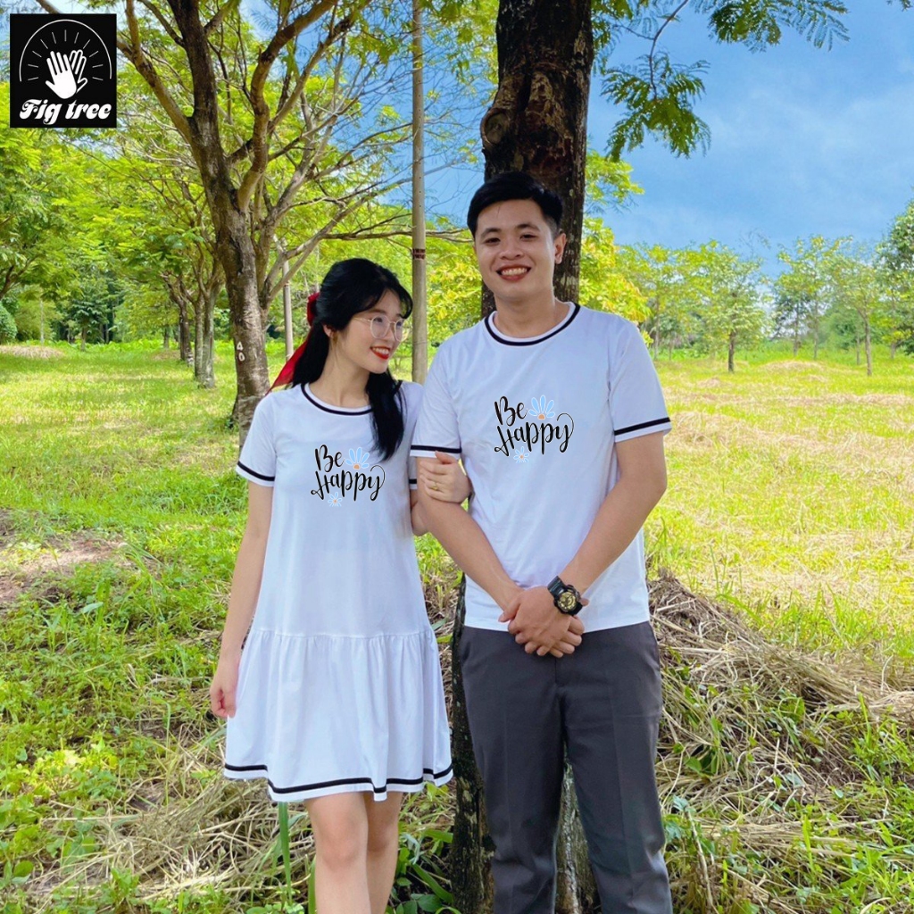 Set Áo Váy Thun Đôi Fig Tree Màu Trắng Phối Viền Đen Siêu Xinh, Chất Cotton Dày Dặn, in Be Happy