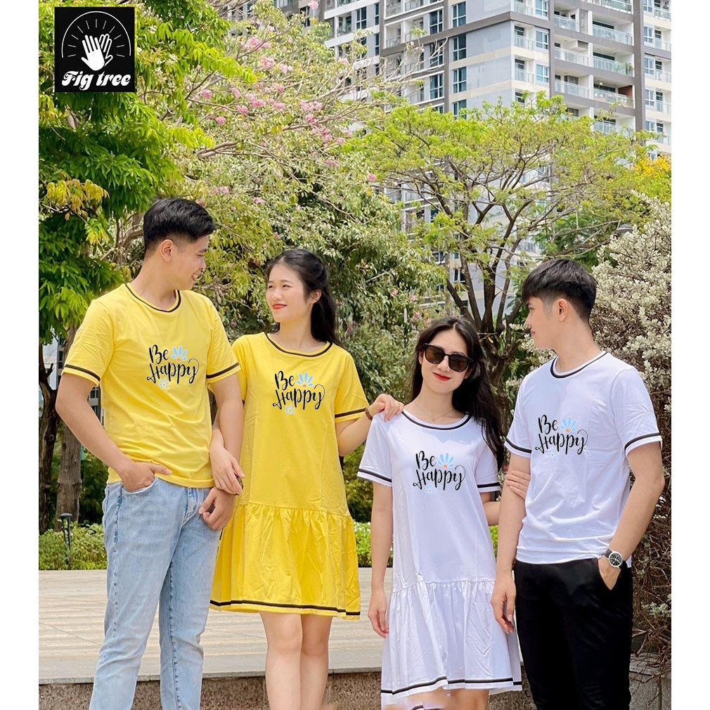 Set Áo Váy Thun Đôi Fig Tree Màu Vàng Phối Viền Đen Dễ Thương, in Be Happy, Chất Cotton Dày Dặn