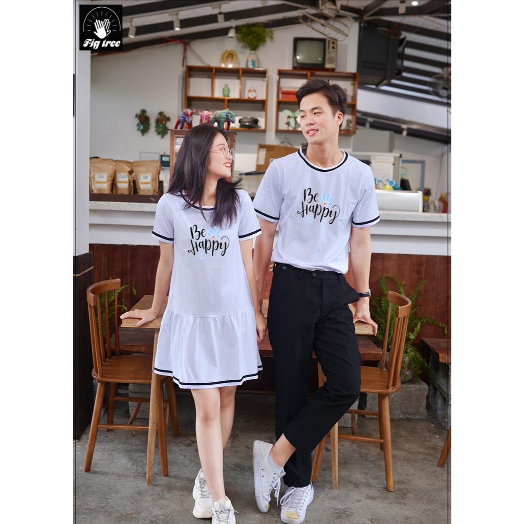 Set Áo Váy Thun Đôi Fig Tree Màu Trắng Phối Viền Đen Siêu Xinh, Chất Cotton Dày Dặn, in Be Happy