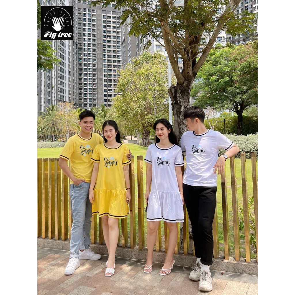 Set Áo Váy Thun Đôi Fig Tree Màu Vàng Phối Viền Đen Dễ Thương, in Be Happy, Chất Cotton Dày Dặn