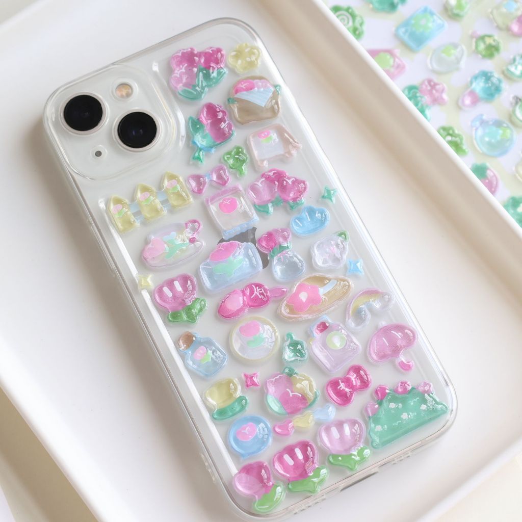 Hình dán pha lê dập nổi 3D dễ thương phong cách Hàn Quốc - Hoa bốn lá, hoa tulip, nốt nhạc trang trí ốp điện thoại.