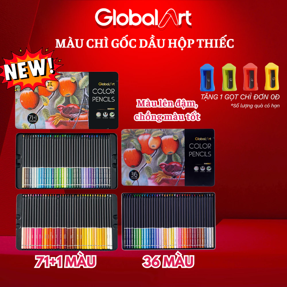Bút Chì Màu Gốc Dầu Global Art 36 72 Màu Hộp Thiếc Lõi 4mm Màu Đậm Mịn Vẽ Thiết Kế Phác Họa Tô Màu